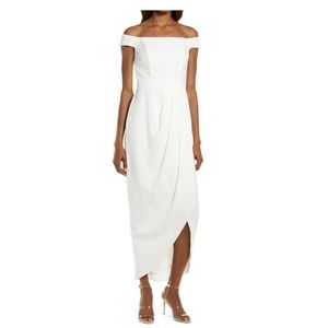 Xscape Off the Shoulder Wrap Front Scuba Crepe Gown in Ivory